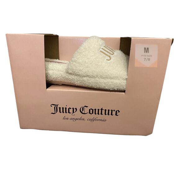 JUICY COUTURE Slippers Furry Slides Cream NEW Women’s 7/8 Medium - Picture 1 of 3